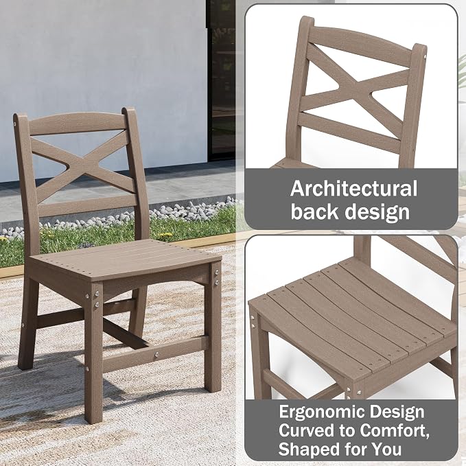 Outdoor Armless Dining Chairs Set of 8,HDPE Patio Chairs with Wide Seat,All-Weather HDPE Patio Armless Chairs for Porch, Backyard, Deck, White Brown, Table not Included