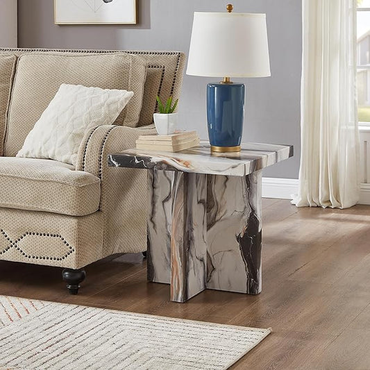Roundhill Furniture Cavira Modern Faux Marble Living Room Side Table, Off-White