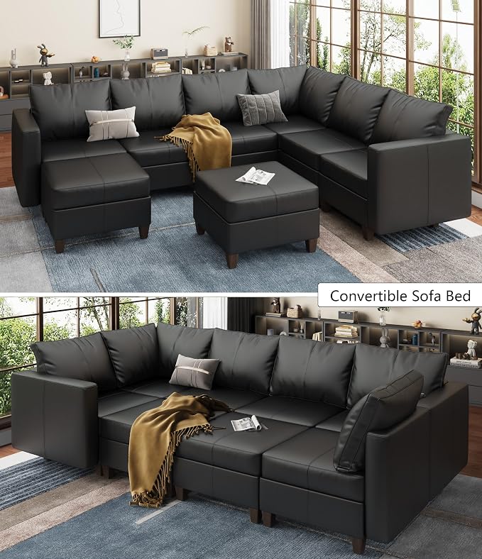 EASE MOOSE Faux Leather Sectional Sofa with Storage,Large U Shaped Faux Leather Modular Couch Sofa, Black