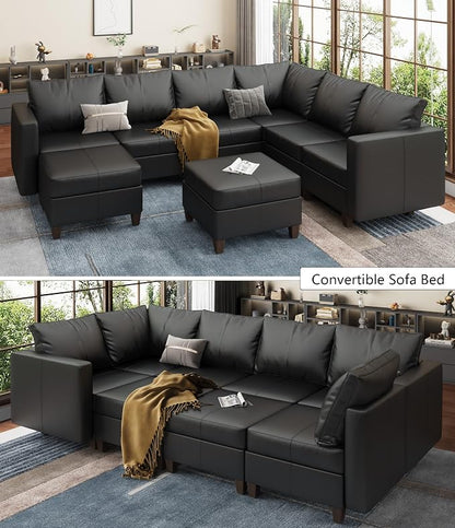 EASE MOOSE Faux Leather Sectional Sofa with Storage,Large U Shaped Faux Leather Modular Couch Sofa, Black