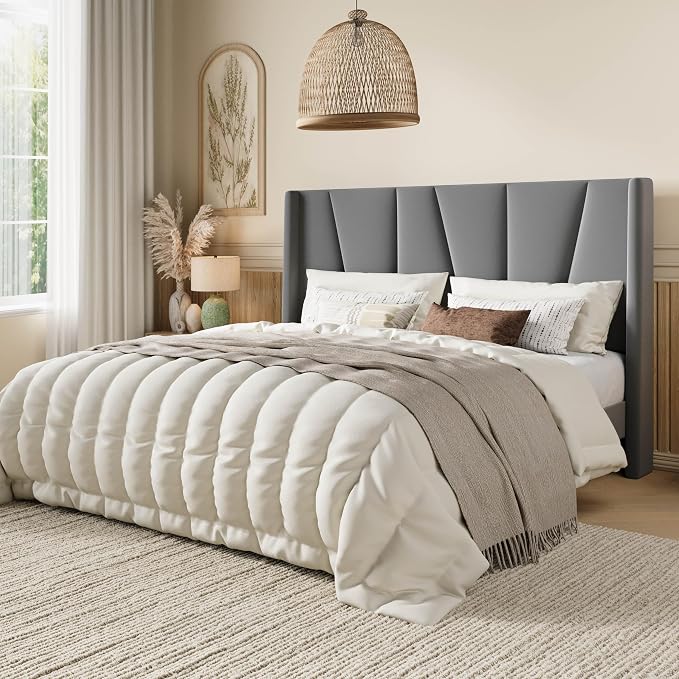 SHA CERLIN Queen Size Bed Frame with Geometric Wingback Headboard, Upholstered Platform Bed with Wooden Slats Support, 8" Under-Bed Space, No Box Spring Needed, Easy Assembly, Light Grey