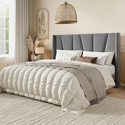 SHA CERLIN Queen Size Bed Frame with Geometric Wingback Headboard, Upholstered Platform Bed with Wooden Slats Support, 8" Under-Bed Space, No Box Spring Needed, Easy Assembly, Light Grey