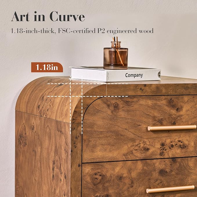 Curved 8-Drawer Dresser for Bedroom, 53.82" Wide Modern Chest of Drawers, Vanity Desk TV Stand for Living Room, Closet Storage Drawers Organizer Furniture, Nursery, Hallway, Dark Burl