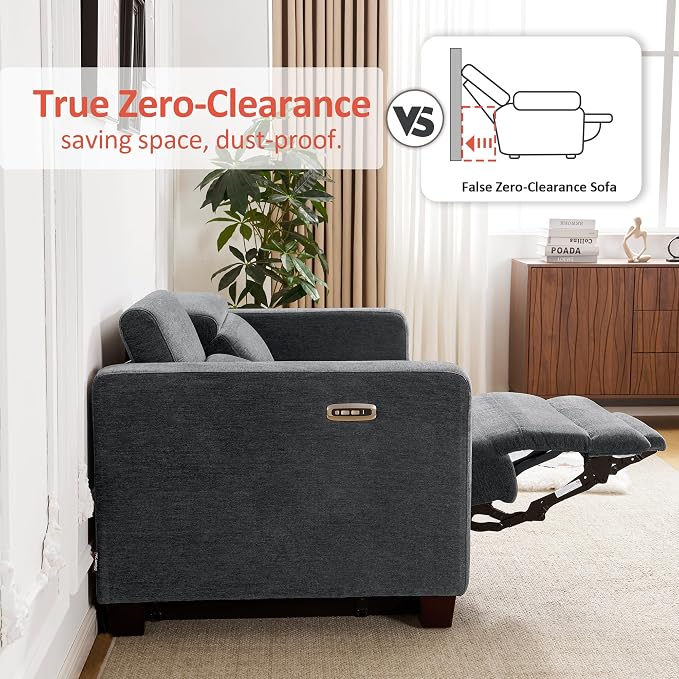 MCombo 88.6'' Reclining Sofa, Wall Hugger Power Recliner Sofa with Adjustable Headrest, USB A & C Charge Ports, Wood Legs, for Living Room (Fabric, HL198M3) (Dark Grey, 3-Seater)