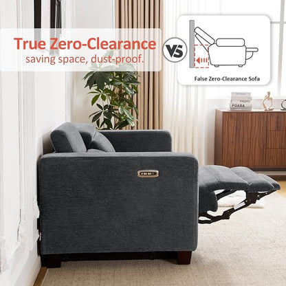 MCombo 88.6'' Reclining Sofa, Wall Hugger Power Recliner Sofa with Adjustable Headrest, USB A & C Charge Ports, Wood Legs, for Living Room (Fabric, HL198M3) (Dark Grey, 3-Seater)