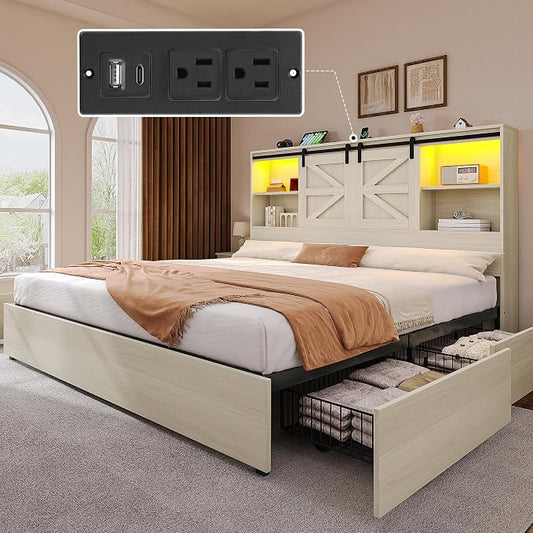 YITAHOME Farmhouse King Size Bed with 50" Tall Storage Bookcase Headboard, Sliding Barn Door, 4 Storage Drawers, RGB LED Bed Frame w/Type-C&USB Charging Station, No Box Spring Needed Antique White