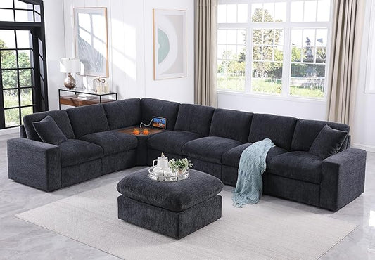Ball & Cast 146" Oversized Modular L-Shaped Sectional Sofa,Large Chenille Upholstered Couch 8 Seat with Movable Ottoman & 2 Pillows,Comfty Sectionals W/Cup Holders & USB Port,for Living Room,Dark Gray