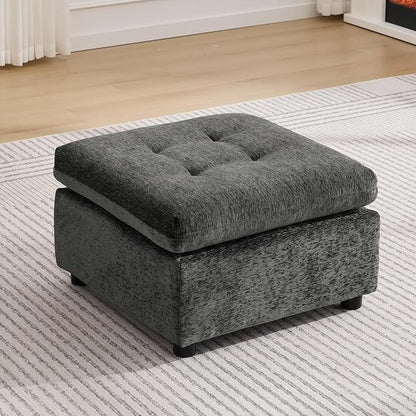 24" Square Modular Ottoman for Sectional Sofa, Tufted Chenille Upholstered Footrest, Cloud Sofa Ottoman for Living Room, Dark Grey