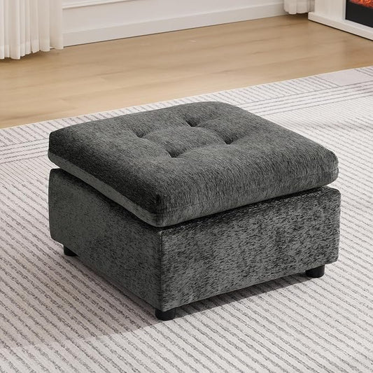 24" Square Modular Ottoman for Sectional Sofa, Tufted Chenille Upholstered Footrest, Cloud Sofa Ottoman for Living Room, Dark Grey