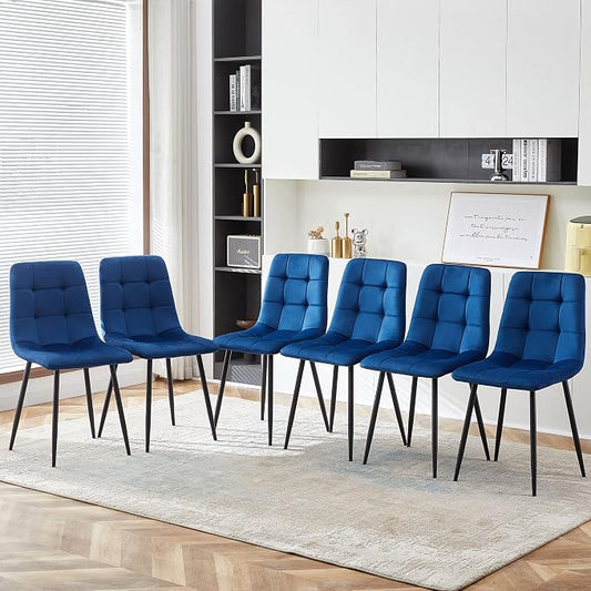 NORDICANA Navy Blue Velvet Dining Chairs Set of 6, Upholstered Tufted Kitchen Chairs, Comfortable Seat, Metal Leg, Easy Assembly