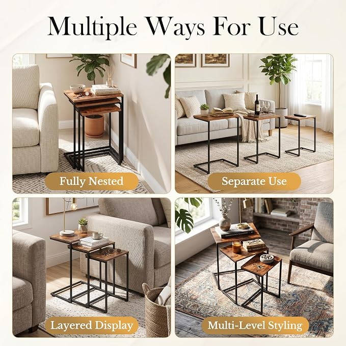 SUPER DEAL Nesting Tables Set of 3, Industrial C Shaped End Table Stackable Coffee Table Heavy Duty Metal Frame for Small Space, Living Room, Bedroom, Side Table Tray for Laptop Snack, Rustic Brown