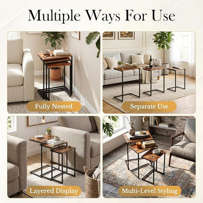 SUPER DEAL Nesting Tables Set of 3, Industrial C Shaped End Table Stackable Coffee Table Heavy Duty Metal Frame for Small Space, Living Room, Bedroom, Side Table Tray for Laptop Snack, Rustic Brown