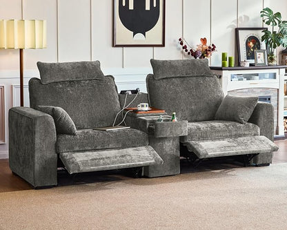 102.8'' Loveseat Power Recliner Sofa with Headrest, Oversized Cloud Modular Sectional Reclining Couch with Table, Storage Drawer, Charging, 2-Seater for RV Home Theater, Chenille, Grey