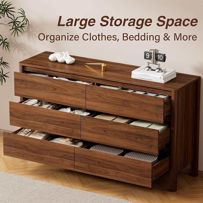 Furniway 55" Mid-Century Modern Dresser for Bedroom, 6 Drawer Wide Chest of Drawers with Wood Legs, Large Storage Bedroom Dresser, Walnut