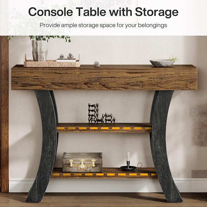 Tribesigns 41" Small Console Table for Entryway, 3-Tier Narrow Rustic Sofa Table with Storage Shelves and Curved Frame for Living Room, Entry, Hallway, Foyer (Brown & Grey)