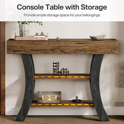 Tribesigns 41" Small Console Table for Entryway, 3-Tier Narrow Rustic Sofa Table with Storage Shelves and Curved Frame for Living Room, Entry, Hallway, Foyer (Brown & Grey)