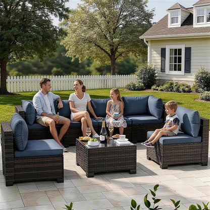 LAFWELL 7 Pieces Outdoor Patio Furniture Sets,Rattan Conversation Sectional Set,Manual Weaving Wicker Patio Sofa with Tea Table