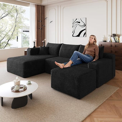 95'' Cloud Sectional Sofa Boneless Couch for Living Room, Minimalist Left Facing Compressed Couch with Chaise Lounge and Ottoman, Plush Corduroy Deep Seat Memory Foam Sofa