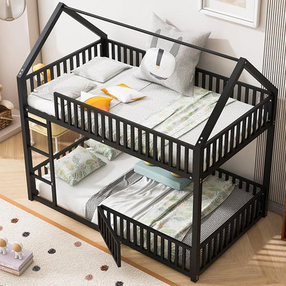 RuiSiSi Twin Over Twin House Bunk Bed, Metal Floor Bunk Beds with Safety Guardrails and Roof for Kids, Twin Bunk Bed Frame with Fenced Rails for Bedroom, No Box Spring Needed, Black