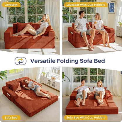 MAXYOYO Loveseat Sofa Bed, 64" Foldable Floor Sofa Couch in A Box with 2 Cup Holders, 4 in 1 Convertible Boneless Couch Folding Recliner Chair for Living Room, No Assembly Required, Orange