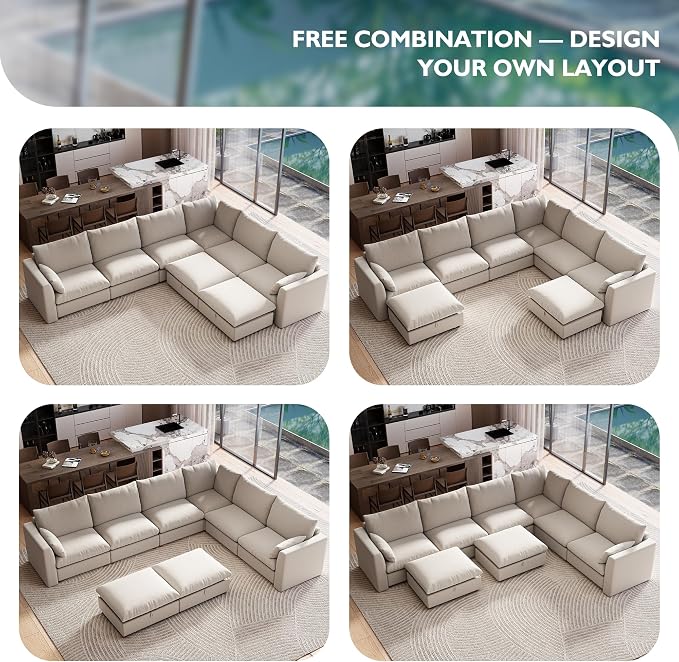 Ihanherry 152" Oversized Modular Sectional Sofa, Modern U Shaped Cloud Couch with 2 Storage Ottoman, 6-Seat Comfy Chenille Deep Seat Sofa with 2 Pillows for Living Room, Khaki