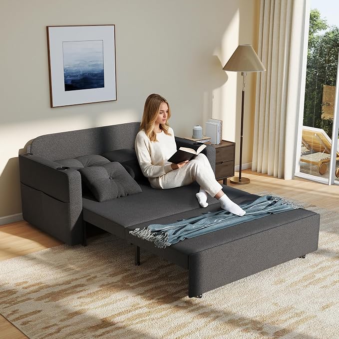 Krcix 3 in 1 Sofa Bed, 56 Inch Convertible Pull Out Couch, Loveseat Sleeper Sofa with Cup Holders, USB, Side Pockets, Multi-Function Couch Bed for Living Room, Apartment, Charcoal Grey