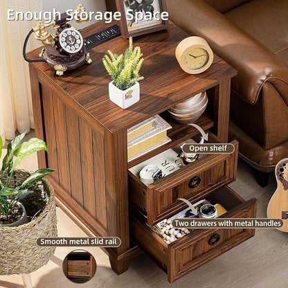 Joaxswe 18" Farmhouse Night Stands Set of 2 with Charging Station, 2 Drawers End Table Dresser for Bedroom, Brown Wooden Nightstand, Bed Side Table with Open Shelf, Bedside Cabinet for Living Room