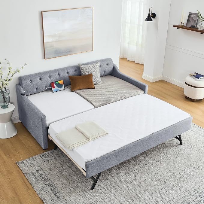 KEIKI Twin Size Upholstery Daybed with Trundle and USB Charging Design, Twin to King Design Mid-Century Extendable Sofa Bed, Easy Assembly, No Box Spring Required, for Living Room and Bedroom, Grey