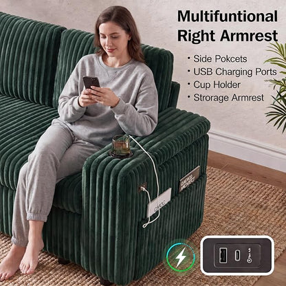 WEUP 108" Modular Sectional Sleeper Sofa with Pull Out Bed, 4 Seat Plush Corduroy U Shaped Couch with USB Ports|Cup Holders|Side Table|Storage Chaise Armrests, Tool Free Assembly, Green