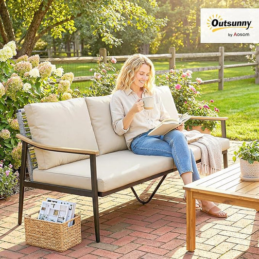 Outsunny Outdoor Patio Couch, 3 Seater Outdoor Sofa with Wood-Effect Armrests and Wicker Backrest, Outdoor Patio Furniture Couch with Cushions, Steel Frame for Porch, Garden, Backyard, Khaki