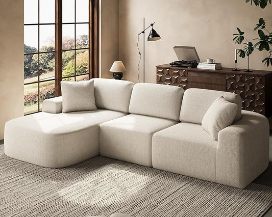 Dowinx 107'' Modular Sectional Sofa Couch with Chaise, No Assembly Required, Modern Bouclé-Inspired Upholstery, Convertible L-Shaped Design for Living Room – Ivory Beige