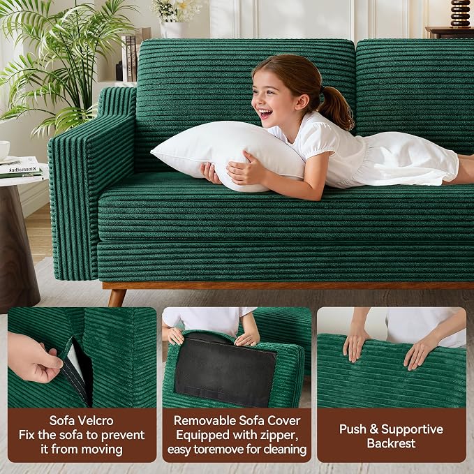 Vipbear 65.4" Loveseat Sofa,Mid-Century Modern Small Couches for Living Room, Bedroom, Office,Comfy Forest Green Corduroy Couch with Spring Cushion, Solid Wood Frame, Tool-Free Assembly