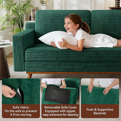 Vipbear 65.4" Loveseat Sofa,Mid-Century Modern Small Couches for Living Room, Bedroom, Office,Comfy Forest Green Corduroy Couch with Spring Cushion, Solid Wood Frame, Tool-Free Assembly