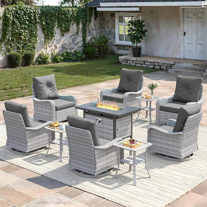 10-Piece Outdoor Conversation Set with 43" Fire Pit Table, 6 Swivel Rocking Chairs (4" Cushions) & 3 Side Tables, All-Weather PE Rattan & Steel Frame for Porch, Backyard, Charcoal Gray