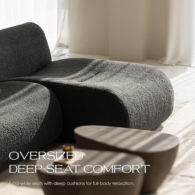 106" Curved Sectional Sofa with Chaise, Boneless 3 Seater Modular Couch, Reversible L-Shaped Couches with High-Density Foam, Modern Lounge Comfort Sherpa Sofas for Living Room – No Assembly, Grey