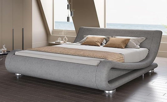 SHA CERLIN King Size Upholstered Bed Frame, Deluxe Low Profile Sleigh Bed with Linen Ergonomics Headboard, No Box Spring Needed & Easy Assembly, Grey