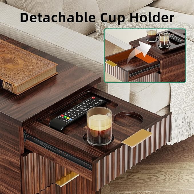 Kalrin Narrow Nightstand with Hidden Outlets & USB Ports, Modern Fluted Bedside Table with 3 Drawers, Engineering Wooden End Tables for Bedroom and Living Room(Vintage Brown)