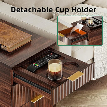 Kalrin Narrow Nightstand with Hidden Outlets & USB Ports, Modern Fluted Bedside Table with 3 Drawers, Engineering Wooden End Tables for Bedroom and Living Room(Vintage Brown)