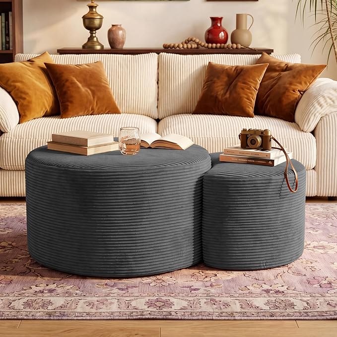 BSHOMGI Boneless Ottoman Nesting Coffee Table Set of 2,Corduroy Soft Foot Rest Movable LargePouf Footstool for Living Room Sofa Couch Bedroom Entryway and Small Spaces No Assembly (Dark Gray)