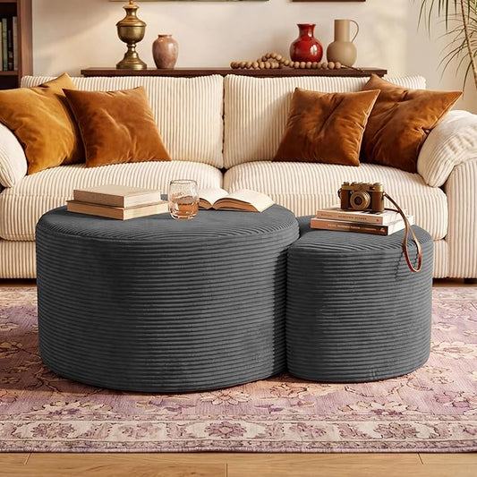 BSHOMGI Boneless Ottoman Nesting Coffee Table Set of 2,Corduroy Soft Foot Rest Movable LargePouf Footstool for Living Room Sofa Couch Bedroom Entryway and Small Spaces No Assembly (Dark Gray)