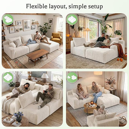 Homkdom 98" Boneless Modular Sectional Sofa, Cloud Couch with 27" Deep Seat & Oversized Chaise, L-Shaped High-Density Foam Sofa for Living Room Apartment, No Assembly Required (White, Right Facing)