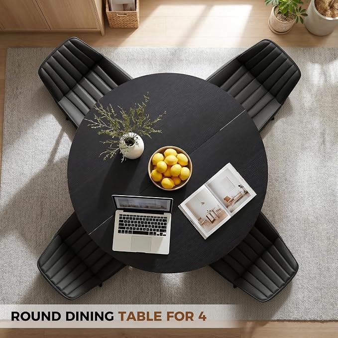 Miereirl 47.3 Inch Round Dining Table Set for 4, Round Kitchen Table with Chairs, Space Saving Dining Room Table Set with Storage Shelf for Apartment Kitchen Dining Room, Black Table+4 Black Chairs