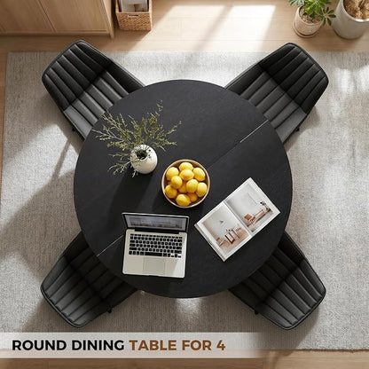 Miereirl 47.3 Inch Round Dining Table Set for 4, Round Kitchen Table with Chairs, Space Saving Dining Room Table Set with Storage Shelf for Apartment Kitchen Dining Room, Black Table+4 Black Chairs