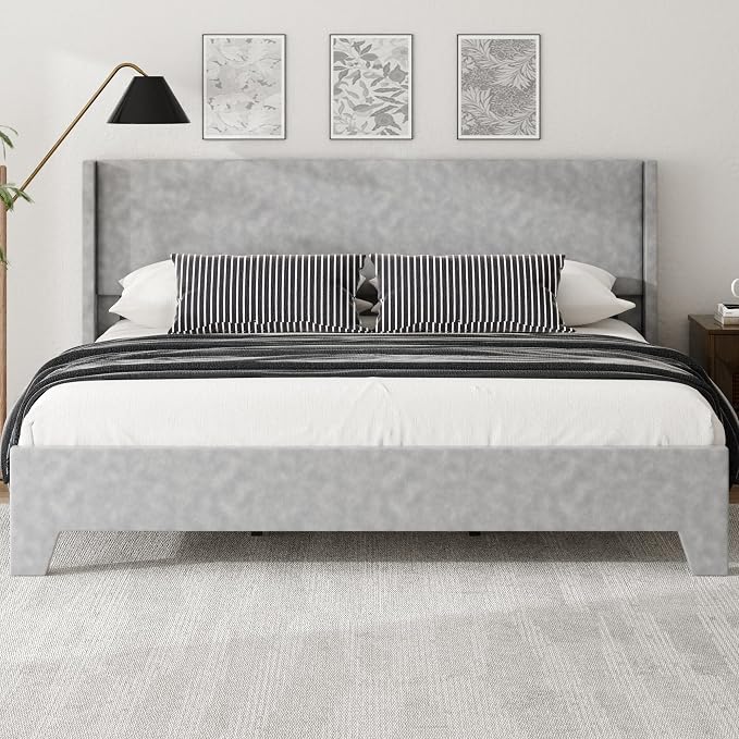 King Bed Frame with Faux Leather Upholstered Headboard, Wear-Resistant, Easy Clean, Mattress Foundation, No Box Spring Required, Easy Assembly, Grey