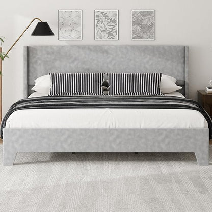 King Bed Frame with Faux Leather Upholstered Headboard, Wear-Resistant, Easy Clean, Mattress Foundation, No Box Spring Required, Easy Assembly, Grey