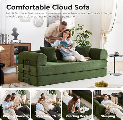79" 5-in-1 Convertible Sofa Bed No Assembly, Boneless Couch Bed with High Density Foam, Foldable Sleeper Sofa, Corduroy Modular Couch for Apartment, Studio, Dorm Room, Small Space, Olive Green