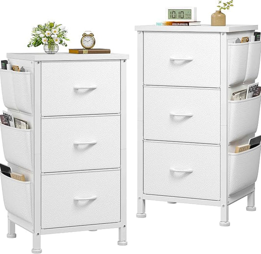 EnHomee Night Stand Set 2, Night Stand with Drawers for Bedroom, Bedside Table with Wooden Top, Sturdy Steel Frame End Table, Dorm Nightstand for Bedroom, Entryway, Hallway, Closet, Cloth Bags,White