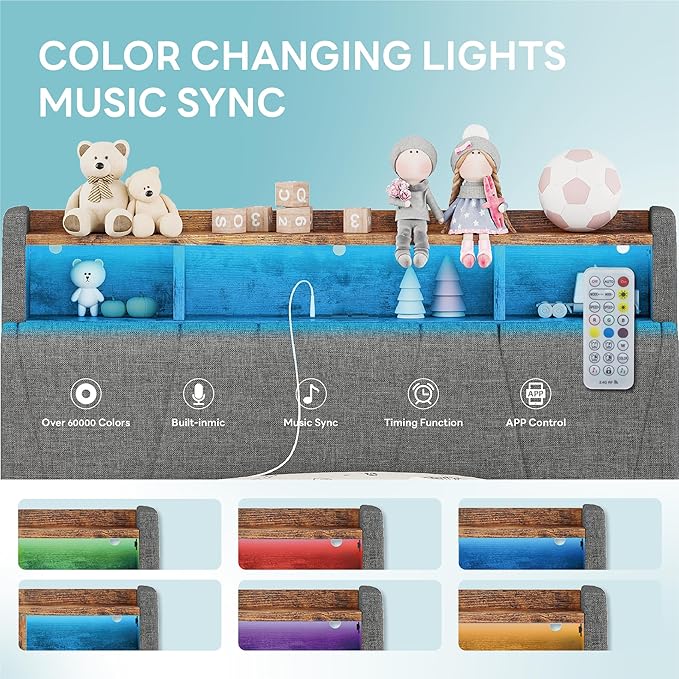 LIKIMIO Twin Bed Frame with 2 Storage Drawers, Charging Station & LED Lights, Upholstered Platform Twin Bed with Storage Headboard, Strong Wooden Slats, No Box Spring Needed, Easy Assembly, Grey