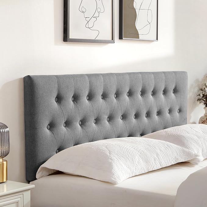 Tufted Upholstered Headboard King Size, Adjustable Height 37- 51 in, Gray | Sturdy and Durable Solid Wood Bed Headboard, Fabric King Headboard Only, Modern Button Diamond Design Head Board