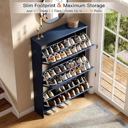Nicetree Farmhouse Blue Shoe Cabinet – Ultra Slim 3-Drawer Flip Organizer with Shaker Barn Door Accent, 3-Tier Adjustable Shelves, and Sturdy Freestanding Frame – Space Saving